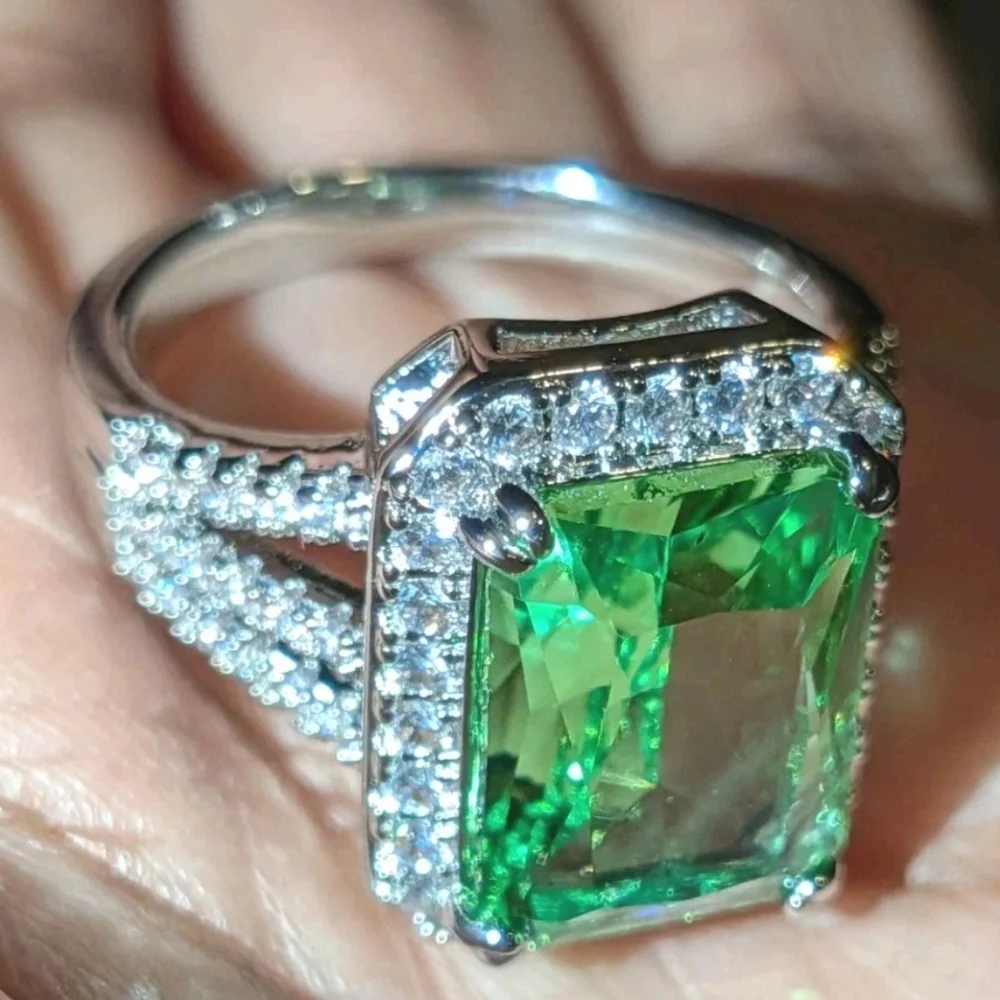 Women's Emerald Cut Green Peridot Halo Engagement Ring 14K White Gold Plated Sz9